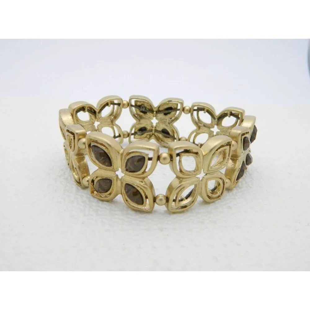 VTG Gold Tone Brown Plastic Rhinestone Flower Panel Stretch Bracelet